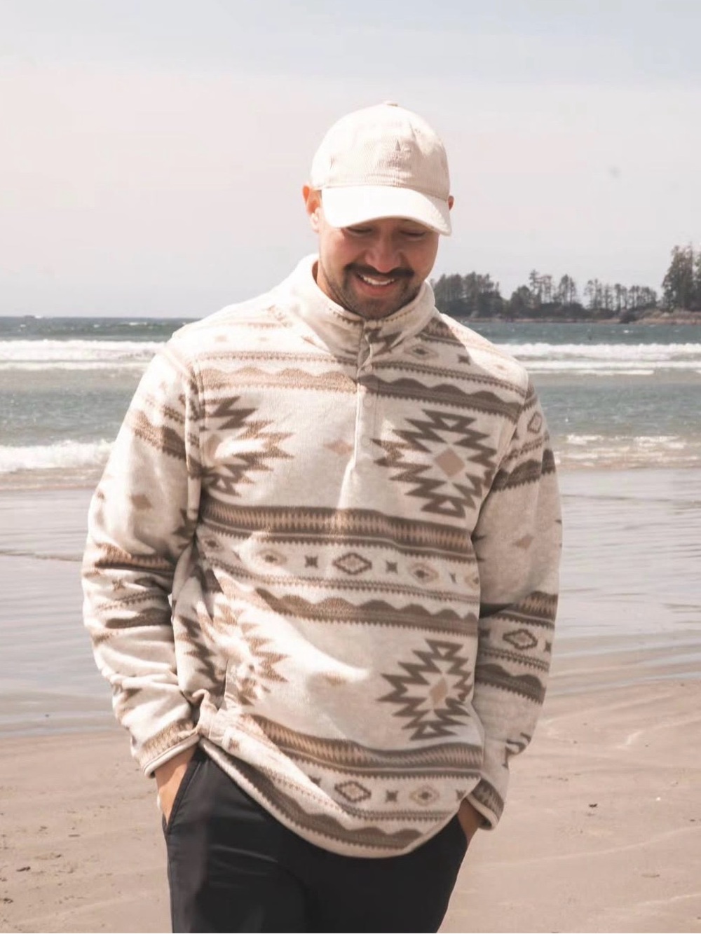 Men's Cream Aztec Pattern Quarter-Zip Pullover Sweater Telluride
